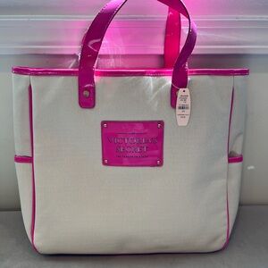 Victoria's Secret Cream and Hot Pink Patent Like Trim Tote
